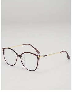 Detail view of cat-eye wine red glasses frame with gold metal temples and T-shape decor