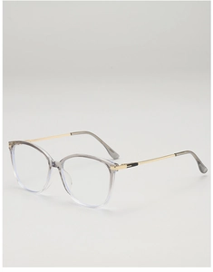 Detail of transparent grey frame with sleek gold metal temples on minimalist eyewear