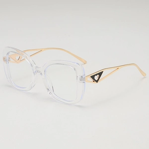Fashionable large frame transparent glasses with gold metal heart hollowed temples