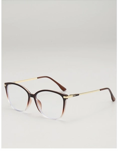 Detail of cat-eye frames with brown gradient finish and gold metal temples with textures