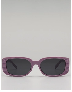 Detailed view of lavender square frame sunglasses with textured hinge design