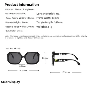 Size chart for polygon oversized sunglasses with frame dimensions and product specifications