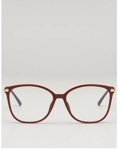 Front view of oversized cat-eye wine red glasses frame with gold metal details