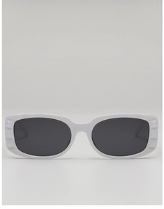 Detail of white square frame sunglasses featuring geometric textured temples and grey lenses