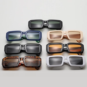 Multiple colors of wide rectangle sunglasses including black, white and leopard print