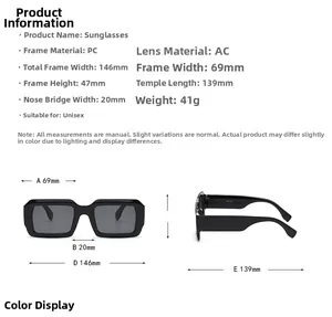 Detailed size chart for square frame sunglasses with PC frame and AC lens dimensions