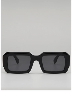 Close-up of classic rectangular thick black frame sunglasses with dark grey UV lenses