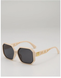 Detail of hollow temple design with BBP letters and golden logo on beige sunglasses