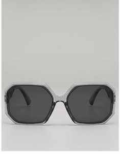 Front view of oversized geometric polygon sunglasses with transparent grey resin frame