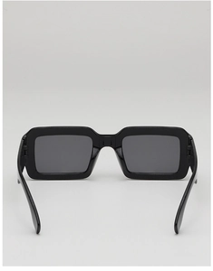 Front view of trendy square black frame sunglasses with dark grey lenses in modern style