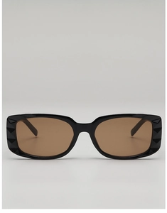 Detail of square sunglasses frame with textured geometric pattern and dark lenses