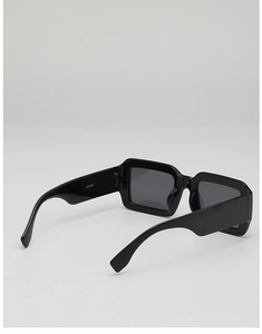 Detail view of model WF1286 black thick frame sunglasses with dark grey lenses