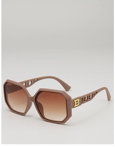 Detail of hexagonal matte brown sunglasses with gradient lenses and镂空 letter B on the arm