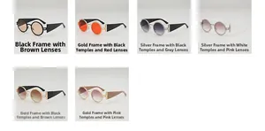 Detail view of round retro sunglasses in six metallic frame colors and tinted lenses