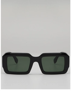 Front view of black rectangular thick frame sunglasses with dark green ocean lenses