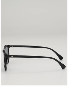 Detailaufnahme der schwarzen quadratischen Sonnenbrille mit Nietendetails und Modellnummer