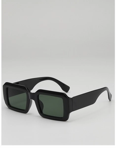 Detailed side view of black square sunglasses with dark green lenses and glossy finish