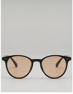 Detail von Retro-Sonnenbrille mit quadratischem Rahmen, Nieten und braunen Gläsern
