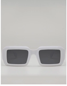 Front view of trendy white rectangle sunglasses with dark lenses and thick frames