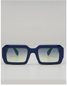 Detail of square navy blue frames with blue-to-yellow gradient lenses on sun glasses
