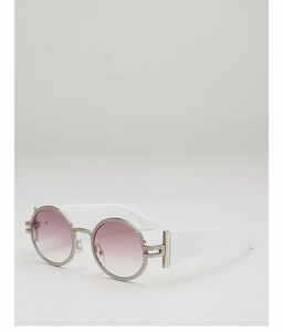 Detail of round sunglasses with textured silver frame and pink gradient lenses
