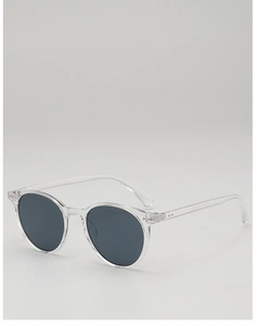 Detailansicht der runden Vintage-Sonnenbrille mit transparentem PC-Rahmen und grauen Gläsern