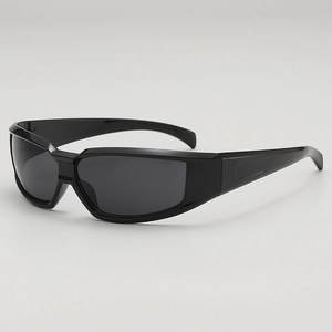 Futuristic Y2K wrap around sporty sunglasses with wide black frame and dark grey lenses