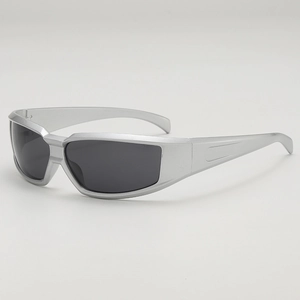 Futuristic silver matte wrap sunglasses with dark grey lenses for y2k sporty street style