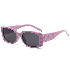 Fashionable lavender square sunglasses with geometric textured frame and dark lenses