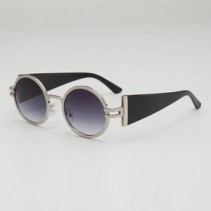 Vintage round sunglasses with silver textured metal frame and gradient purple lenses