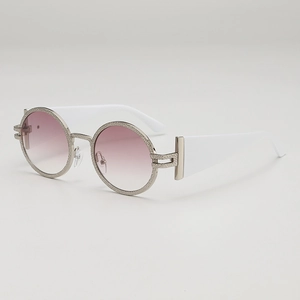 Vintage round sunglasses with silver textured frame, pink gradient lenses and white temples