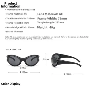 Detailed size chart for Y2K punk sports sunglasses with frame dimensions and specifications