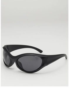 Detail of matte black wrap-around Y2K sunglasses with dark grey lenses for sports