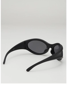 Detail shot of black matte Y2K sunglasses with wrap-around lens and model code WF1279