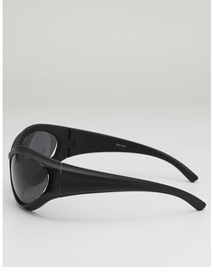 Detail view of matte black Y2K punk sunglasses showing side coverage and model WF1228 print