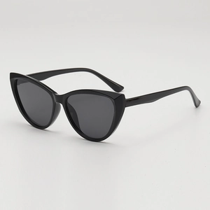 Classic black cat-eye sunglasses with glossy plastic frames and dark grey lenses for women