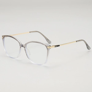 Stylish cat-eye glasses with translucent grey frames and slim gold metal temples for women
