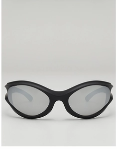 Front view of Y2K punk sports sunglasses with matte black frames and silver mirrored lenses