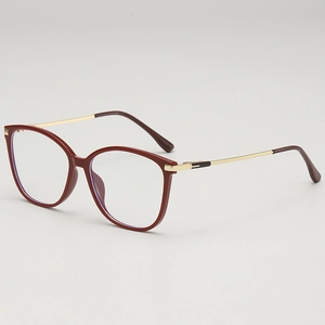 Deep red square eyeglass frames with gold metal temples and blue light blocking lenses