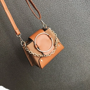 Close-up of retro crossbody bag with large silver ring and golden chain strap detail