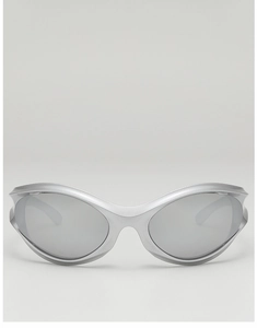 Front view of Y2K punk sports sunglasses with silver metallic frame and grey lenses