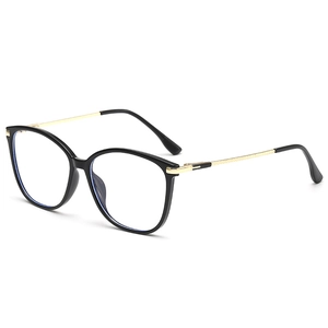 Classic black frame glasses with gold metal temples and anti-blue light clear lenses