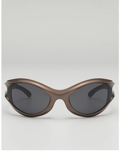 Front view of Y2K punk sports sunglasses with bronze streamlined frame and grey lenses