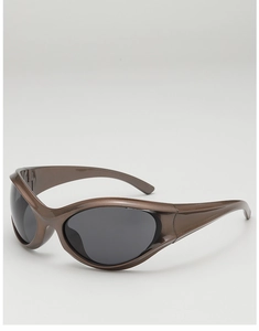 Close-up of metallic brown streamlined wrap-around sports sunglasses with grey lenses