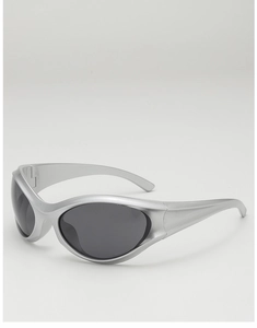 Silver Y2K sports wrap sunglasses with dark grey lenses and ergonomic metallic frame