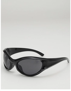 Side view of black wrap-around Y2K sunglasses with dark grey lenses for sports and cycling