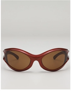 Front view of Y2K cyberpunk sunglasses with metallic burgundy frames and dark brown lenses