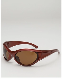 Detail of Y2K wrap around sports sunglasses in dark red frame and brown lenses