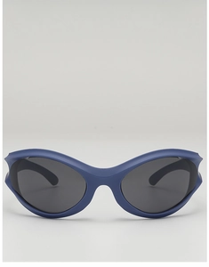 Front view of Y2K deep blue futuristic wrap sunglasses with sleek dark grey lenses