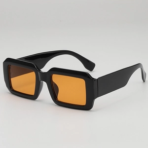 Retro thick square frame sunglasses with black frame and orange lenses for street style